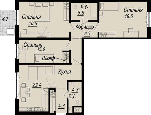 3-комнатная квартира, 104.07 м²; этаж: 6 - купить в Санкт-Петербурге