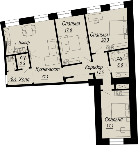 3-комнатная квартира, 117.2 м²; этаж: 3 - купить в Санкт-Петербурге