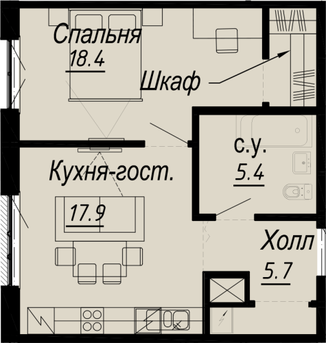 1-комнатная квартира, 48.7 м²; этаж: 6 - купить в Санкт-Петербурге