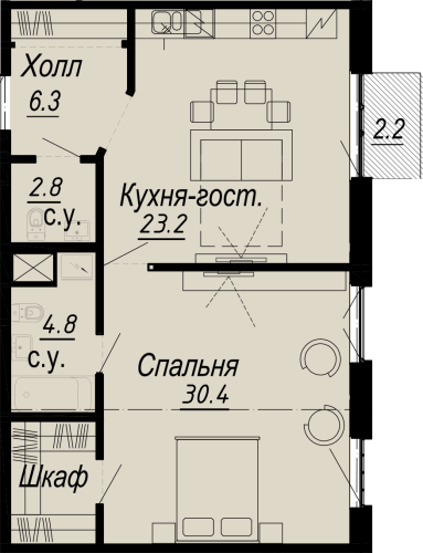 1-комнатная квартира, 68.6 м²; этаж: 6 - купить в Санкт-Петербурге