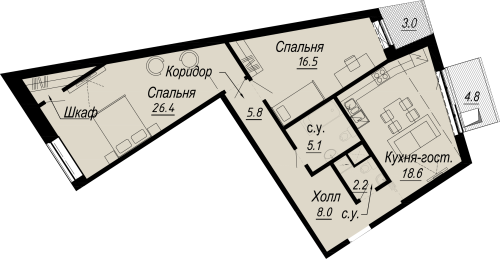 2-комнатная квартира, 86.5 м²; этаж: 4 - купить в Санкт-Петербурге