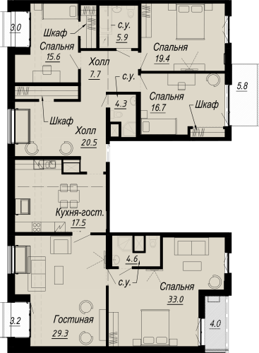 5-комнатная квартира №27 в: MELTZER HALL: 178.1 м²; этаж: 8 - купить в Санкт-Петербурге