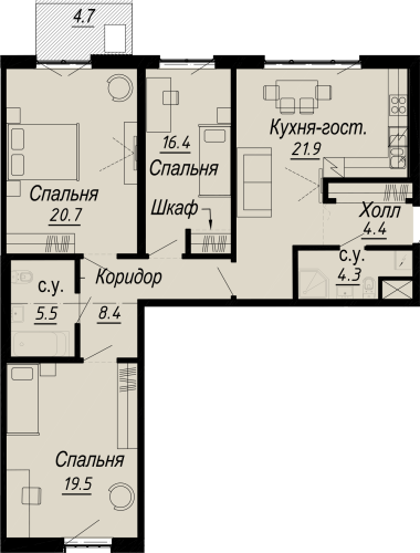 3-комнатная квартира, 104.98 м²; этаж: 6 - купить в Санкт-Петербурге