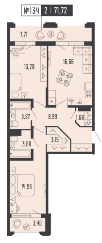 2-комнатная квартира №39 в: Шепилевский: 71.72 м²; этаж: 11 - купить в Санкт-Петербурге