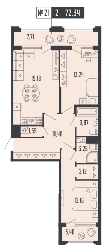 2-комнатная квартира №39 в: Шепилевский: 72.34 м²; этаж: 7 - купить в Санкт-Петербурге