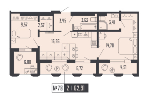 2-комнатная квартира №39 в: Шепилевский: 62.91 м²; этаж: 19 - купить в Санкт-Петербурге