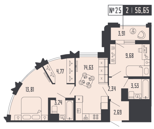 2-комнатная квартира №39 в: Шепилевский: 56.65 м²; этаж: 7 - купить в Санкт-Петербурге