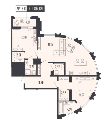 2-комнатная квартира, 86.89 м²; этаж: 19 - купить в Санкт-Петербурге