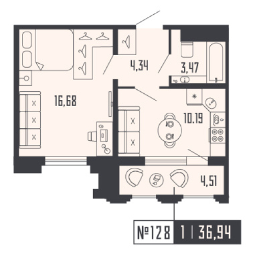 1-комнатная квартира №39 в: Шепилевский: 36.94 м²; этаж: 10 - купить в Санкт-Петербурге