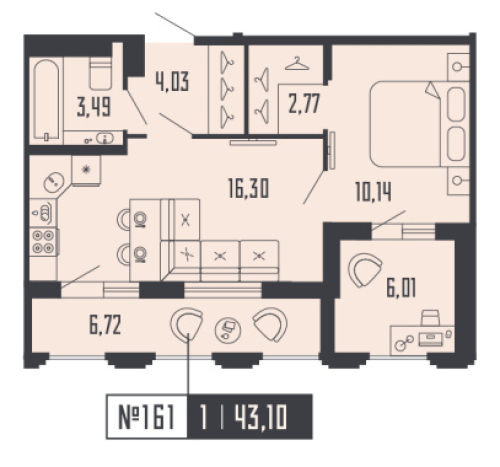 1-комнатная квартира №39 в: Шепилевский: 43.1 м²; этаж: 17 - купить в Санкт-Петербурге