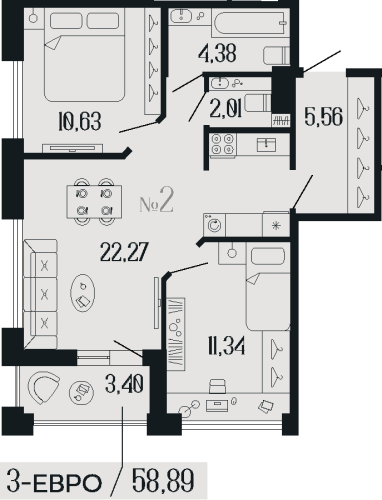 2-комнатная квартира, 58.89 м²; этаж: 2 - купить в Санкт-Петербурге