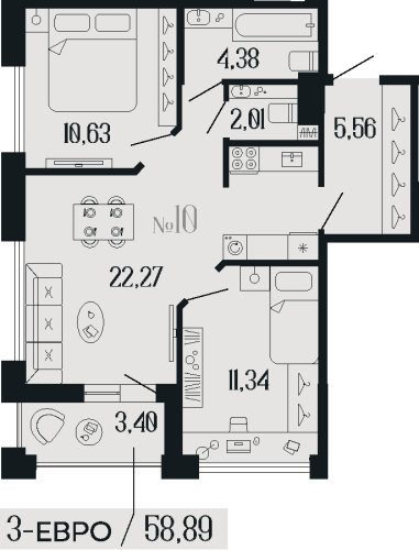 2-комнатная квартира, 58.89 м²; этаж: 3 - купить в Санкт-Петербурге