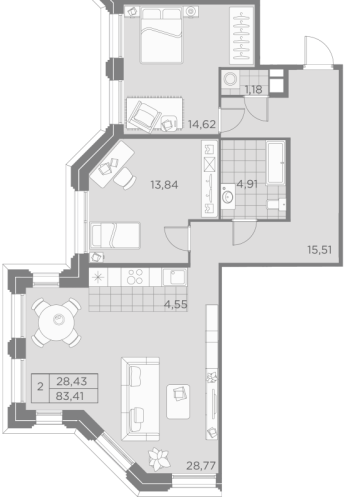 2-комнатная квартира, 83.41 м²; этаж: 8 - купить в Санкт-Петербурге