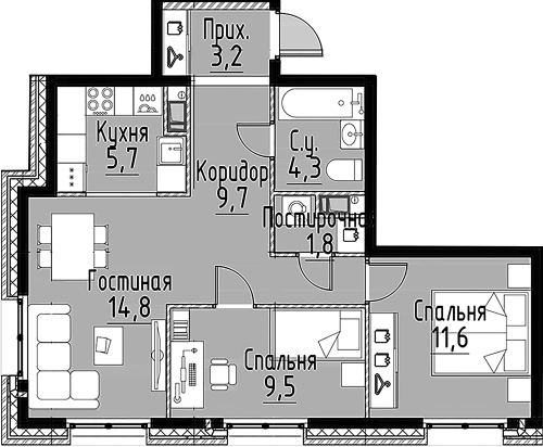 2-комнатная квартира, 59.9 м²; этаж: 3 - купить в Санкт-Петербурге