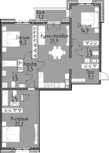 3-комнатная квартира, 109.3 м²; этаж: 5 - купить в Санкт-Петербурге