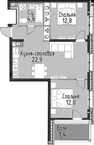 2-комнатная квартира №10 в: Моисеенко, 10: 56.8 м²; этаж: 6 - купить в Санкт-Петербурге