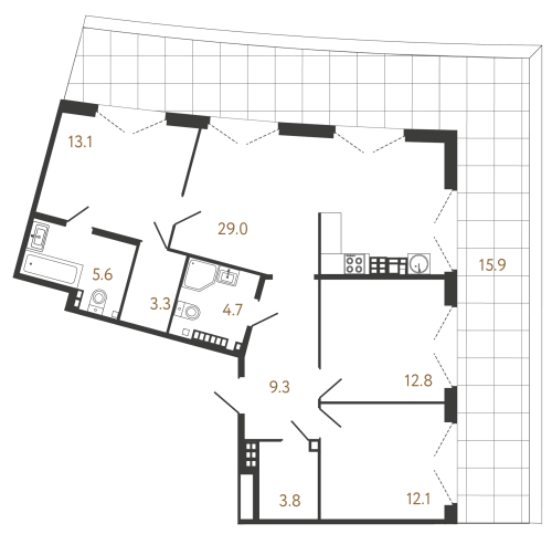 3-комнатная квартира №1 в: Клубный дом «Миръ»: 93.7 м²; этаж: 8 - купить в Санкт-Петербурге