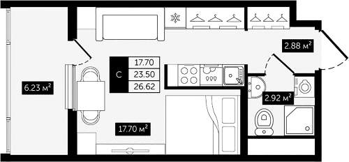 1-комнатная квартира №8 в: Клубный дом №8: 26.62 м²; этаж: 7 - купить в Санкт-Петербурге