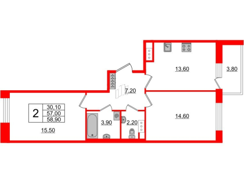 2-комнатная квартира №3 в: SVETLANA PARK: 58.2 м²; этаж: 6 - купить в Санкт-Петербурге