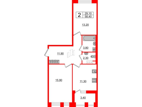 2-комнатная квартира, 58.4 м²; этаж: 6 - купить в Санкт-Петербурге