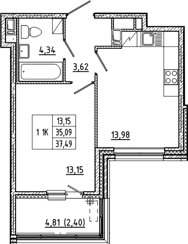 1-комнатная квартира, 37.49 м²; этаж: 8 - купить в Санкт-Петербурге