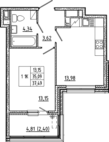 1-комнатная квартира, 37.49 м²; этаж: 7 - купить в Санкт-Петербурге