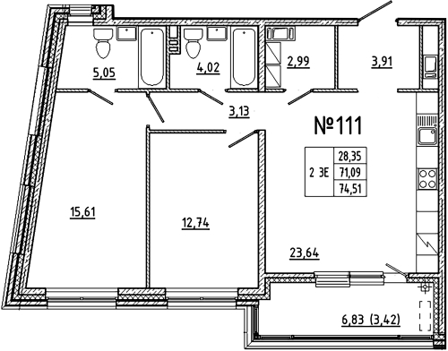 2-комнатная квартира, 74.51 м²; этаж: 9 - купить в Санкт-Петербурге