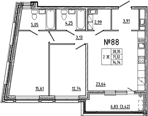 2-комнатная квартира, 74.74 м²; этаж: 7 - купить в Санкт-Петербурге