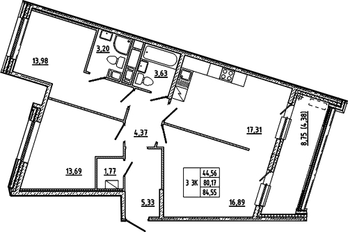 3-комнатная квартира, 84.55 м²; этаж: 4 - купить в Санкт-Петербурге