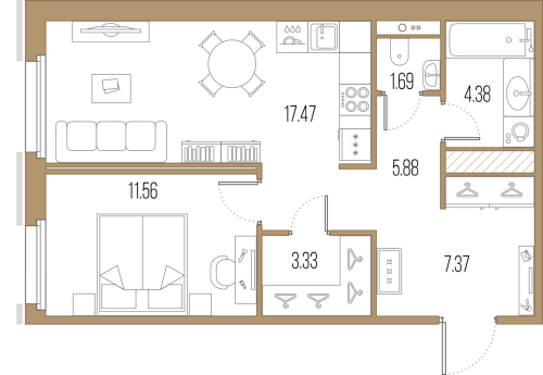 1-комнатная квартира, 51.68 м²; этаж: 2 - купить в Санкт-Петербурге