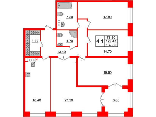 4-комнатная квартира, 129.4 м²; этаж: 1 - купить в Санкт-Петербурге