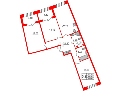 3-комнатная квартира, 94.5 м²; этаж: 3 - купить в Санкт-Петербурге