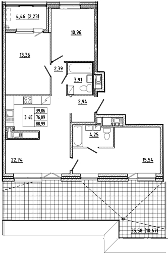 3-комнатная квартира, 88.99 м²; этаж: 10 - купить в Санкт-Петербурге