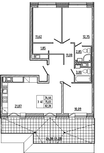 3-комнатная квартира, 82.28 м²; этаж: 10 - купить в Санкт-Петербурге