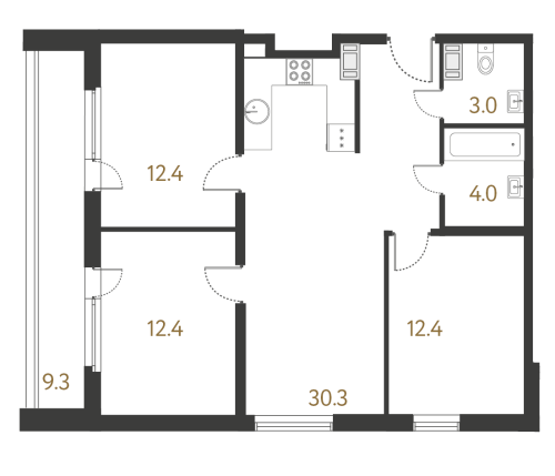 3-комнатная квартира №2 в: РУССКИЕ СЕЗОНЫ: 74.5 м²; этаж: 2 - купить в Санкт-Петербурге