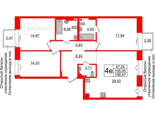 3-комнатная квартира № в: IMPERIAL CLUB: 105.05 м²; этаж: 5 - купить в Санкт-Петербурге