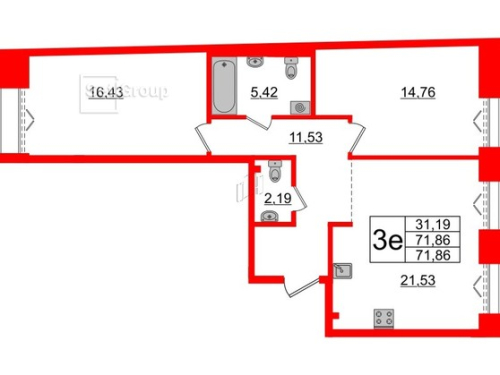2-комнатная квартира № в: IMPERIAL CLUB: 71.86 м²; этаж: 3 - купить в Санкт-Петербурге
