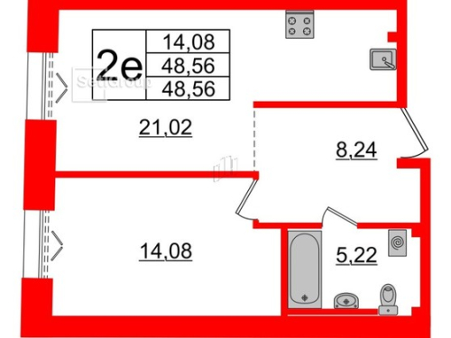 1-комнатная квартира № в: IMPERIAL CLUB: 48.56 м²; этаж: 2 - купить в Санкт-Петербурге