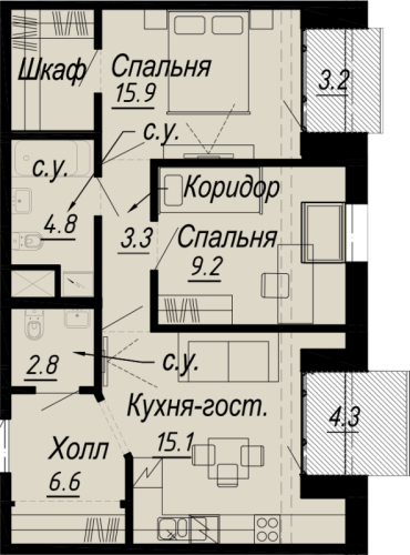 2-комнатная квартира, 61.3 м²; этаж: 7 - купить в Санкт-Петербурге