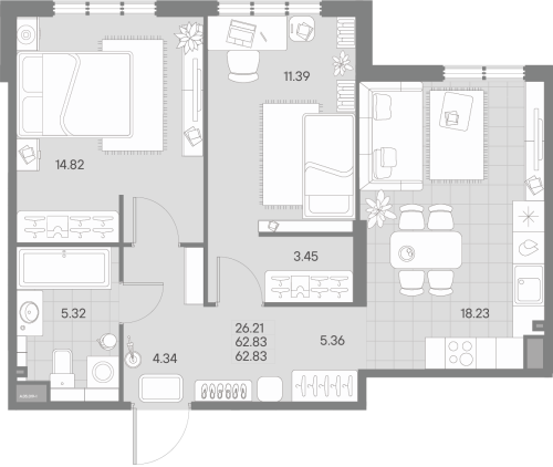 2-комнатная квартира, 62.83 м²; этаж: 5 - купить в Санкт-Петербурге