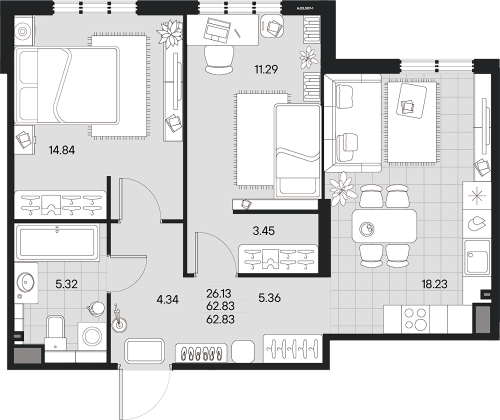 2-комнатная квартира, 62.83 м²; этаж: 3 - купить в Санкт-Петербурге