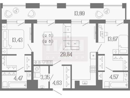 2-комнатная квартира №3 в: Коллекционный дом 1919: 81.51 м²; этаж: 9 - купить в Санкт-Петербурге