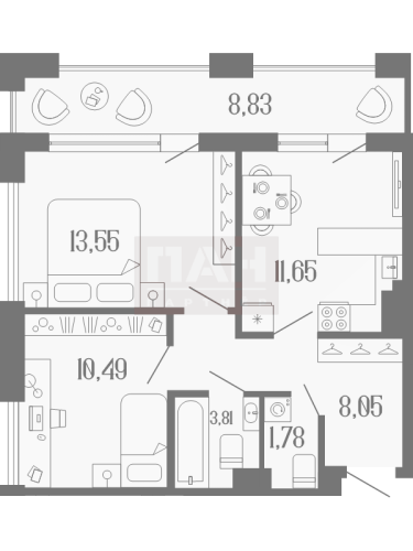 2-комнатная квартира №3 в: Коллекционный дом 1919: 53.74 м²; этаж: 6 - купить в Санкт-Петербурге