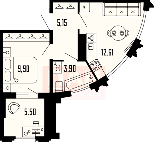 1-комнатная квартира, 34.31 м²; этаж: 12 - купить в Санкт-Петербурге