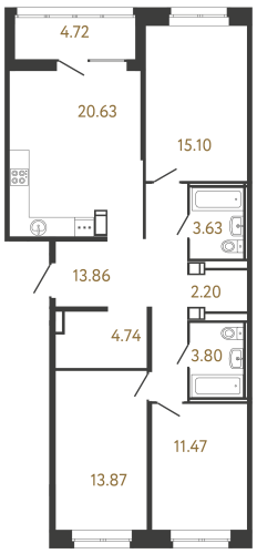 3-комнатная квартира, 89.3 м²; этаж: 3 - купить в Санкт-Петербурге