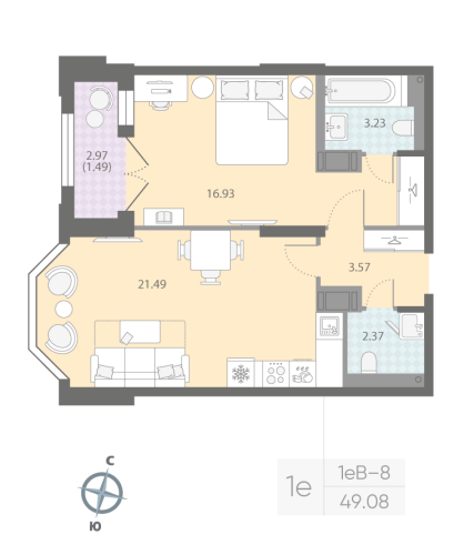 1-комнатная квартира, 49.08 м²; этаж: 6 - купить в Санкт-Петербурге