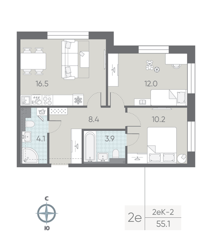 2-комнатная квартира, 55.1 м²; этаж: 2 - купить в Санкт-Петербурге