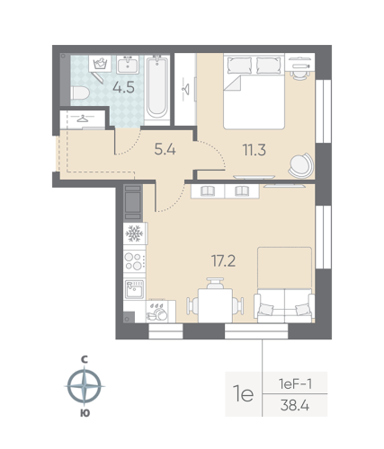 1-комнатная квартира, 38.4 м²; этаж: 5 - купить в Санкт-Петербурге