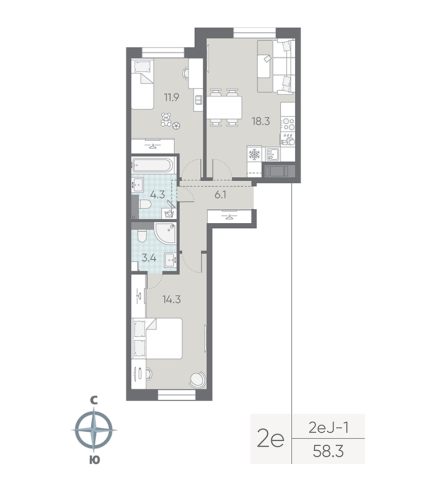 2-комнатная квартира №5 в: Большая Охта: 58.3 м²; этаж: 9 - купить в Санкт-Петербурге