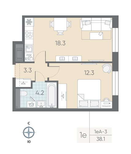1-комнатная квартира, 38.1 м²; этаж: 12 - купить в Санкт-Петербурге